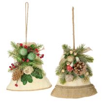 Artículo Decoración rústica de pared con campanas navideñas, ramas de abeto de yute y piñas.