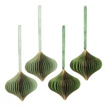 Artículo Adornos navideños vintage, papel verde y dorado, Ø8cm, juego de 4