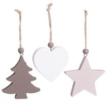 Artículo Adornos navideños, estrellas, árboles, corazones, decoración de madera, estilo escandinavo vintage, 6 piezas