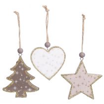 Artículo Adornos navideños, estrellas, árboles, corazones, decoración de madera, estilo escandinavo vintage, 6 piezas