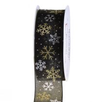 Cinta navideña organza copos de nieve oro negro 40mm 15m
