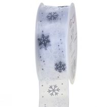 Cinta navideña organza copos de nieve blanco gris 40mm 15m