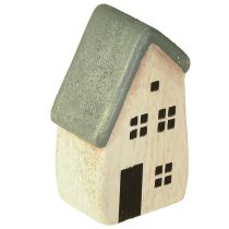 Artículo Pueblo navideño de madera con abetos verdes y blancos, 5-8 cm, juego de 6
