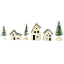 Artículo Pueblo navideño de madera con abetos verdes y blancos, 5-8 cm, juego de 6