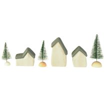 Artículo Pueblo navideño de madera con abetos verdes y blancos, 5-8 cm, juego de 6