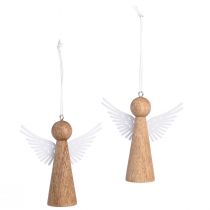 Artículo Ángel navideño de madera para colgar, blanco natural, 8 cm (juego de 6) - Adornos navideños de ángeles