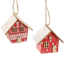Artículo Casitas navideñas rojas para colgar, de papel y madera, 5,5cm, set de 6