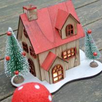 Casa navideña con iluminación LED natural, madera roja 20 × 15 × 15cm