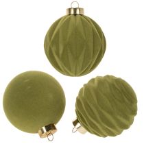 Artículo Adornos para árbol de Navidad, aspecto aterciopelado, verde, mezcla texturizada, 8 cm, 12 piezas, adornos navideños flocados, verde musgo, adornos de plástico, flocados verde musgo, cordones de algodón incluidos para cada adorno.