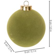 Artículo Adornos para árbol de Navidad, aspecto aterciopelado, verde, mezcla texturizada, 8 cm, 12 piezas, adornos navideños flocados, verde musgo, adornos de plástico, flocados verde musgo, cordones de algodón incluidos para cada adorno.