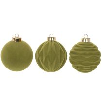 Artículo Adornos para árbol de Navidad, aspecto aterciopelado, verde, mezcla texturizada, 8 cm, 12 piezas, adornos navideños flocados, verde musgo, adornos de plástico, flocados verde musgo, cordones de algodón incluidos para cada adorno.