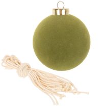 Artículo Adornos para árbol de Navidad, aspecto aterciopelado, verde, mezcla texturizada, 8 cm, 12 piezas, adornos navideños flocados, verde musgo, adornos de plástico, flocados verde musgo, cordones de algodón incluidos para cada adorno.