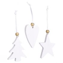 Artículo Adornos navideños, estrella de madera, árbol, corazón, 6 piezas, colgantes decorativos blancos y dorados