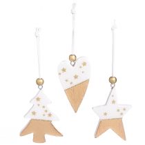 Artículo Adornos navideños, estrella de madera, árbol, corazón, 6 piezas, colgantes decorativos blancos y dorados