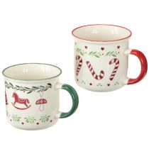 Artículo Taza navideña de cerámica roja, verde y crema (alto 9 cm, 2 unidades)