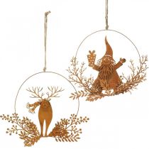 Anillo decorativo para Navidad, reno en el anillo, Papá Noel con regalo, pátina de decoración de metal Ø18cm juego de 2