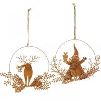 Artículo Anillo decorativo para Navidad, reno en el anillo, Papá Noel con regalo, pátina de decoración de metal Ø18cm juego de 2