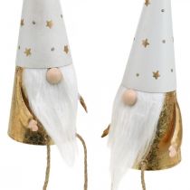 Artículo Figura decorativa navideña de gnomo blanco, dorado Ø6,5cm H22cm 2 piezas