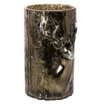 Artículo Portavelas de cristal con relieves de cabeza de ciervo y árbol, decoración invernal, 26 cm.