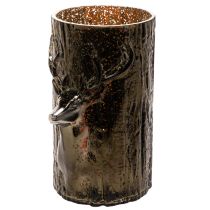Artículo Portavelas de cristal con relieves de cabeza de ciervo y árbol, decoración invernal, 26 cm.