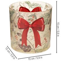 Artículo Portavelas de cristal con cinta roja y ramas invernales, 15 cm.