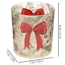 Artículo Portavelas de cristal con ramas navideñas y cinta roja, 8 cm, 2 unidades