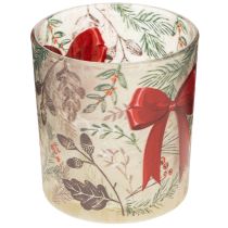 Artículo Portavelas de cristal con ramas navideñas y cinta roja, 8 cm, 2 unidades