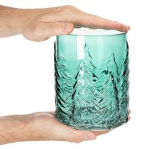 Artículo Portavelas de cristal con abetos en relieve, decoración navideña, 16 cm.
