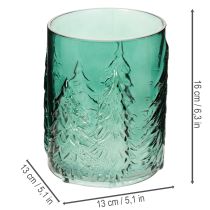 Artículo Portavelas de cristal con abetos en relieve, decoración navideña, 16 cm.