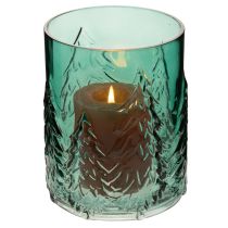 Artículo Portavelas de cristal con abetos en relieve, decoración navideña, 16 cm.