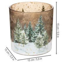Artículo Portavelas de cristal con diseño de bosque de abetos, decoración de invierno, 15 cm.
