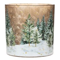 Artículo Portavelas de cristal con diseño de bosque de abetos, decoración de invierno, 15 cm.