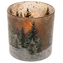 Artículo Portavelas de cristal con diseño de bosque de abetos, decoración de invierno, 15 cm.