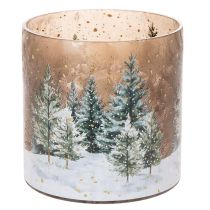 Artículo Portavelas de cristal con diseño de bosque invernal nevado, decoración navideña, 20 cm.