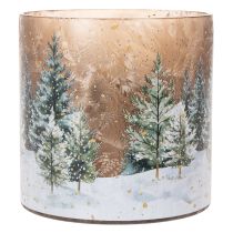 Artículo Portavelas de cristal con diseño de bosque invernal nevado, decoración navideña, 20 cm.