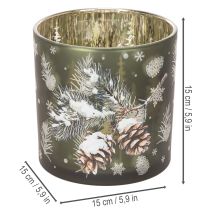 Artículo Portavelas de cristal con piñas y copos de nieve, 15 cm.