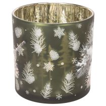 Artículo Portavelas de cristal con piñas y copos de nieve, 15 cm.