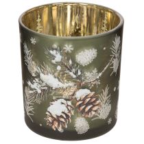 Artículo Portavelas de cristal con rama de abeto invernal, 8 cm, 2 unidades