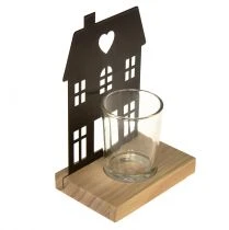 Artículo Casa farol de metal negro con base de madera Al.15cm 2uds