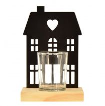 Artículo Casa farol de metal negro con base de madera Al.15cm 2uds