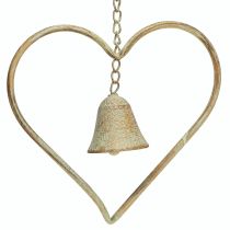 Artículo Carillón de viento de metal con forma de corazón y campana, color verde antiguo, dorado y óxido, 46 cm