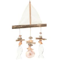 Artículo Carillón de viento de madera Velero con pez Blanco H56cm