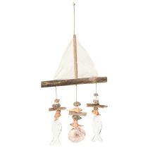 Artículo Carillón de viento de madera Velero con pez Blanco H56cm