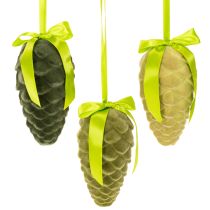 Artículo Piñas decorativas para colgar, piñas flocadas con cinta y lazo, 18 cm, 3 unidades