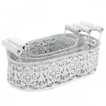Artículo Cuencos para plantar, maceta decorativa con encaje, recipiente de metal con asas, ovalado blanco, plateado Shabby Chic L25.5 / 20 / 15cm H7cm juego de 3