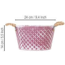 Artículo Bol de zinc con forma de diamante y asas de cuerda, acabado en violeta/blanco lavado, Ø24,5 cm, H14 cm