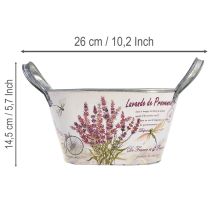 Artículo Bol ovalado de metal con asas para flores, color lavanda, 26 × 13 × 14,5 cm.
