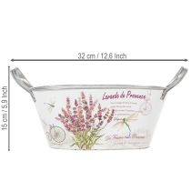 Artículo Bol ovalado de metal con asas para flores, color lavanda, 32×15×15 cm