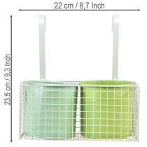 Artículo Maceta colgante de metal, verde, decoración para balcón, 22 cm de largo x 23,5 cm de alto.