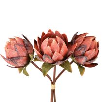 Artículo Flores artificiales decorativas Protea rojo-naranja 34cm 3 piezas